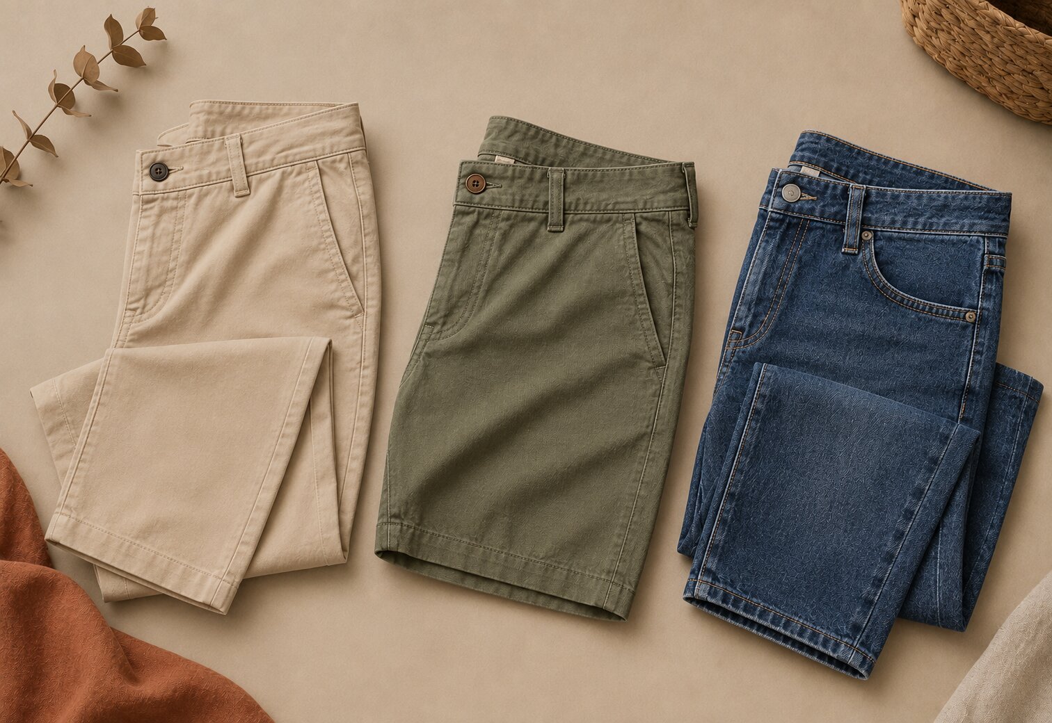 Woven bottoms — trousers, shorts, jumpsuits
